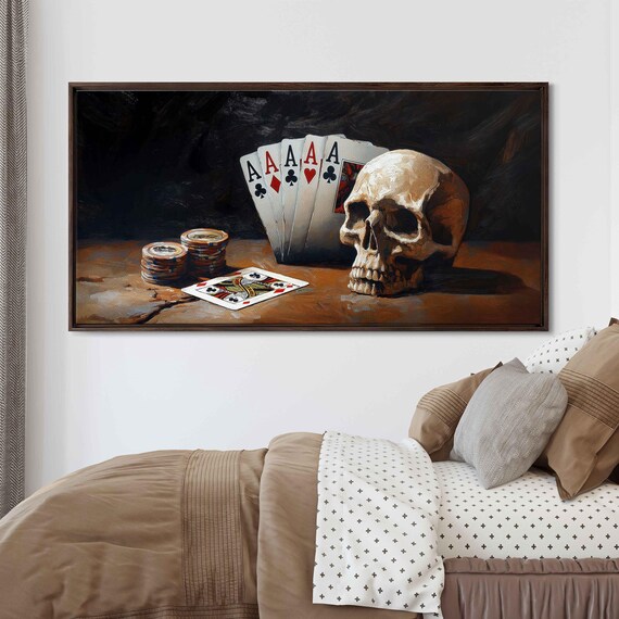 Four Aces Skull Poker Chips Dark Moody Still Life Man Cave Art Poster