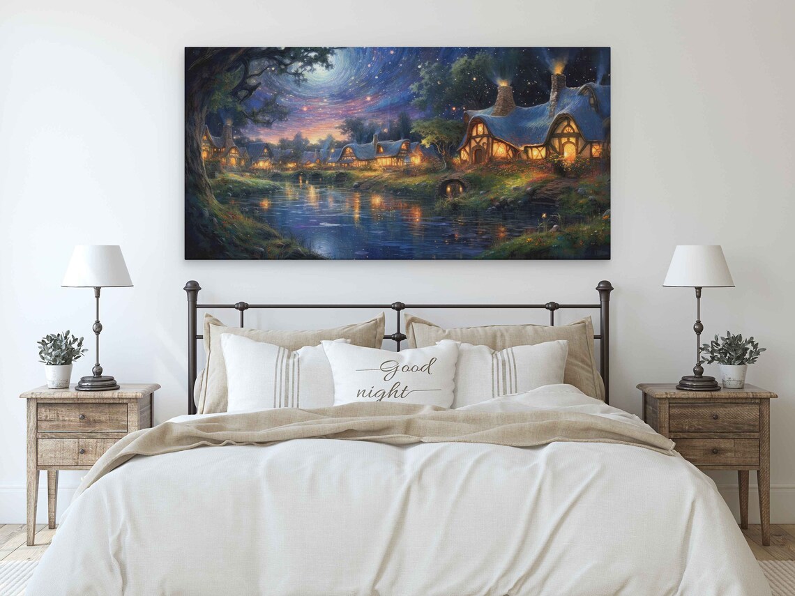 Starry Night Cozy Village River Cottages Firefly Lights Fantasy Wall Art Print - Image 3