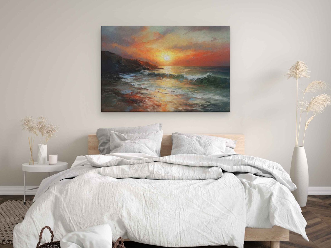 Fiery Ocean Sunset Over Rocky Shore Golden Reflection Painting Poster - Image 3