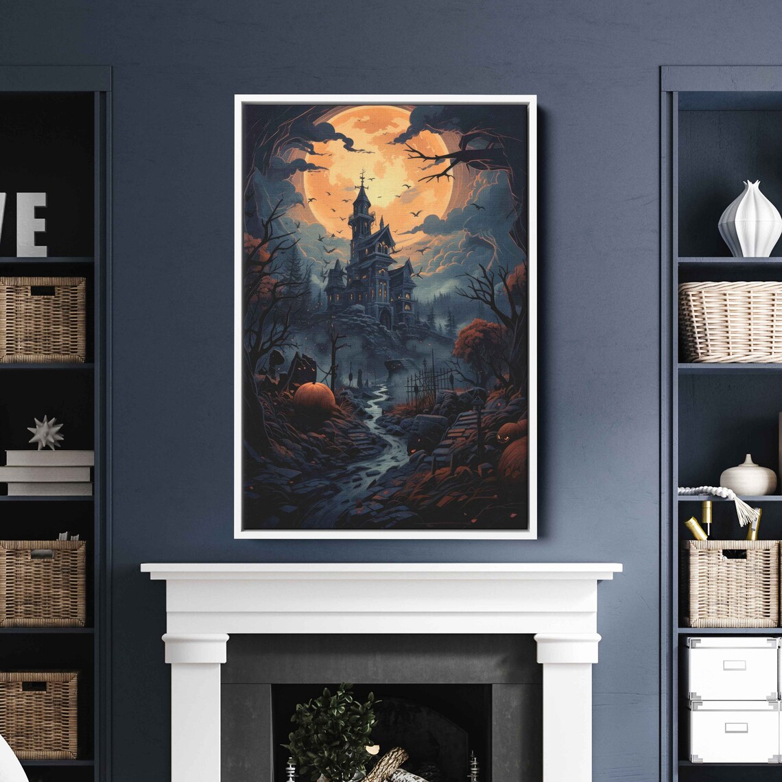 Spooky Haunted House Full Moon Halloween Night Bats Misty Path Art Print - Image 3