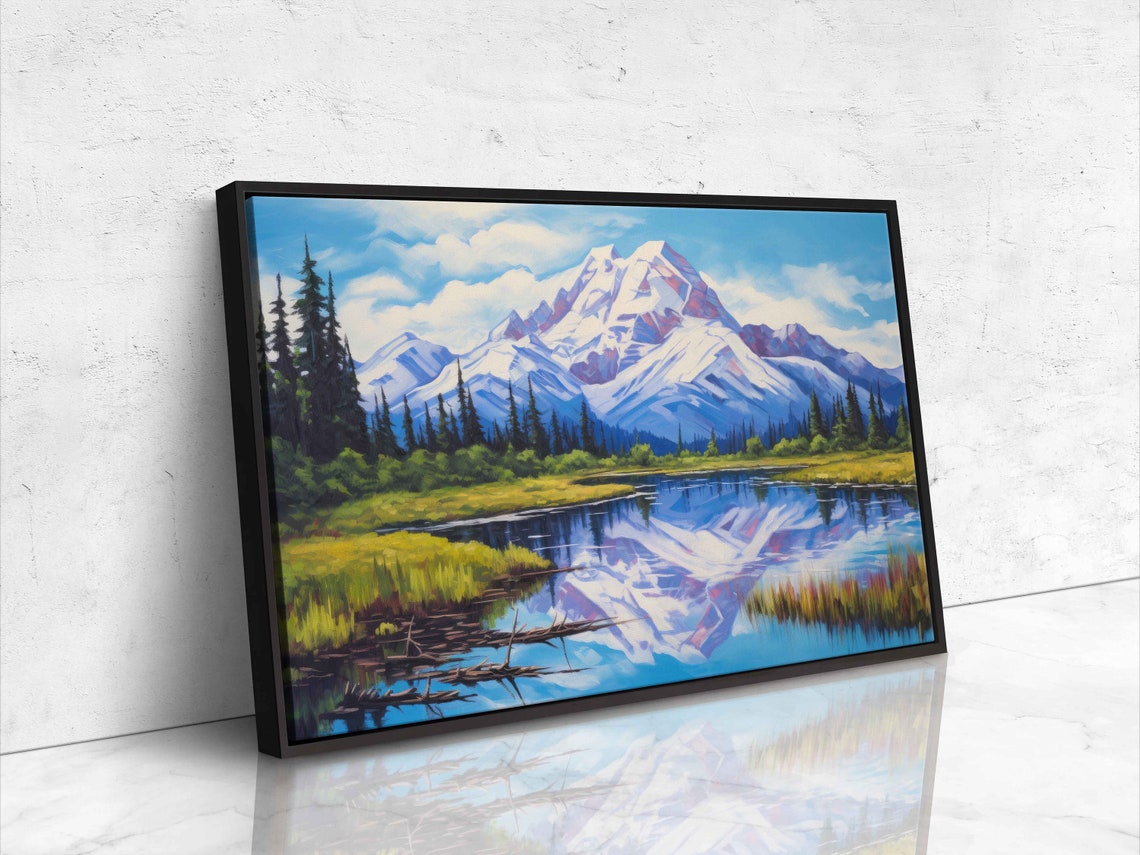 Snowy Mountain Peak Lake Reflection Pine Forest Summer Painting Poster - Image 4