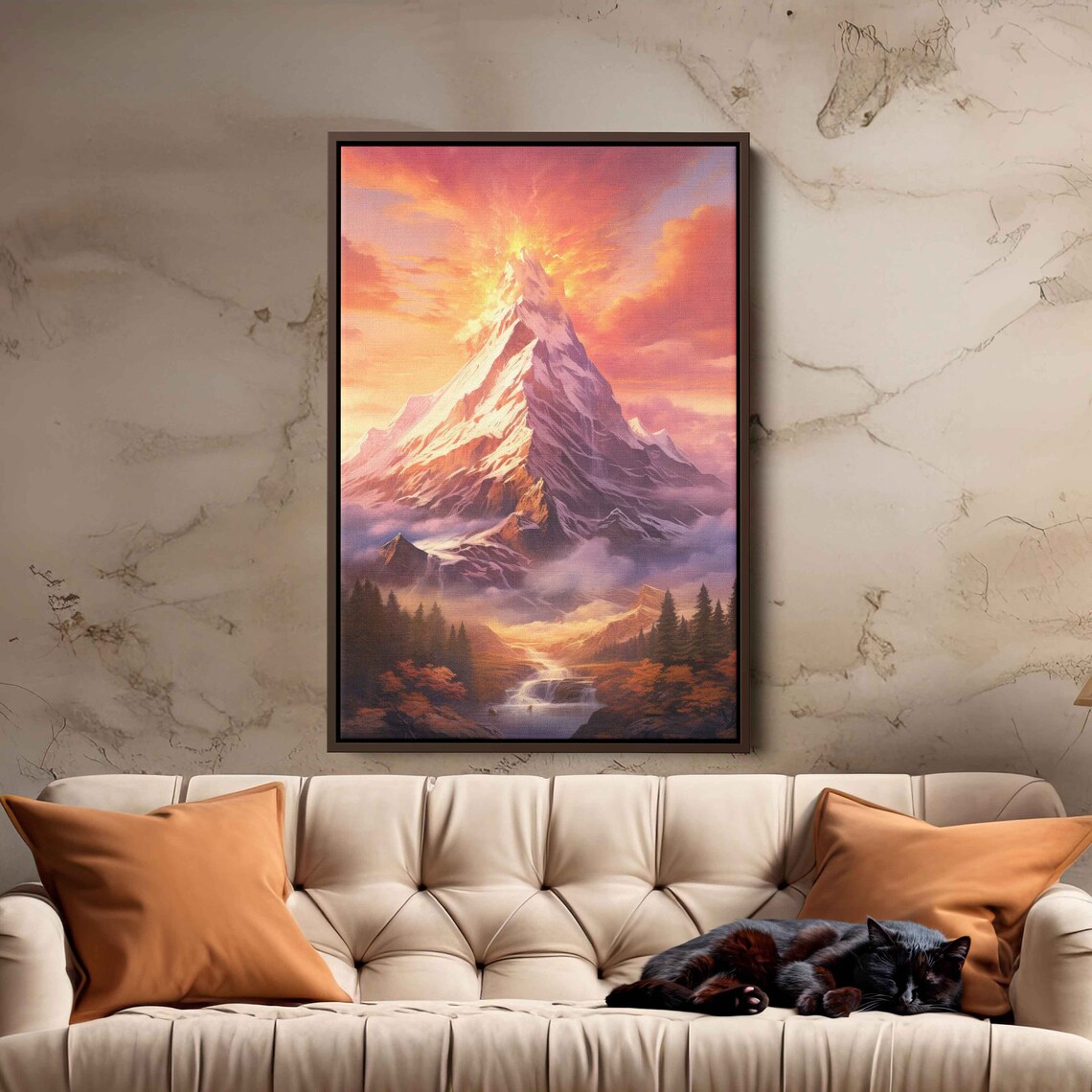 Pink Sunrise Mountain Wall Art Print Snowy Mountain Peak Cloudy Skies Forest Waterfall Ready To Hang - Image 2