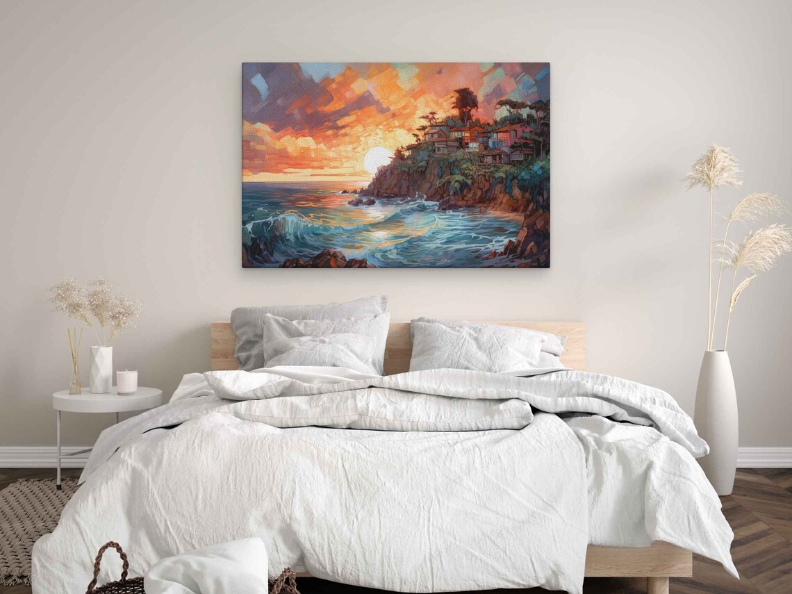 Seaside Cliff Village Golden Sunset Surf Ocean Painting Poster - Image 3