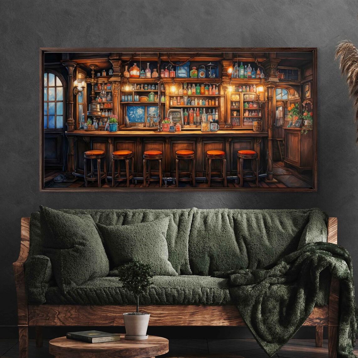 Vintage Dark Wood Bar Apothecary Bottles Beer Taps Cozy Pub Art Print