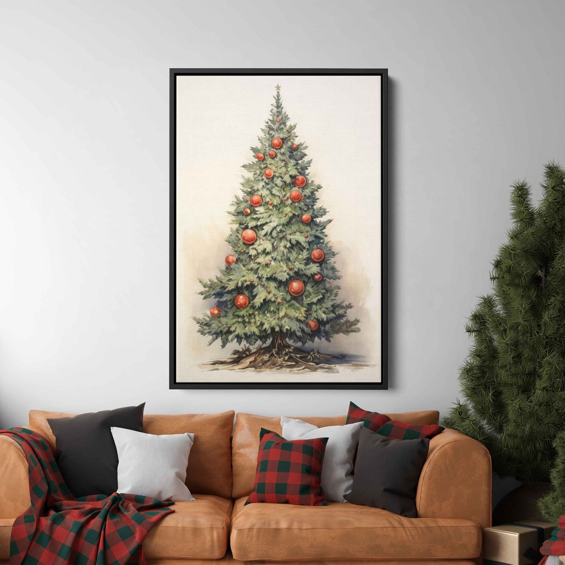 Elegant Minimalist Watercolor Christmas Tree Red Baubles Poster
