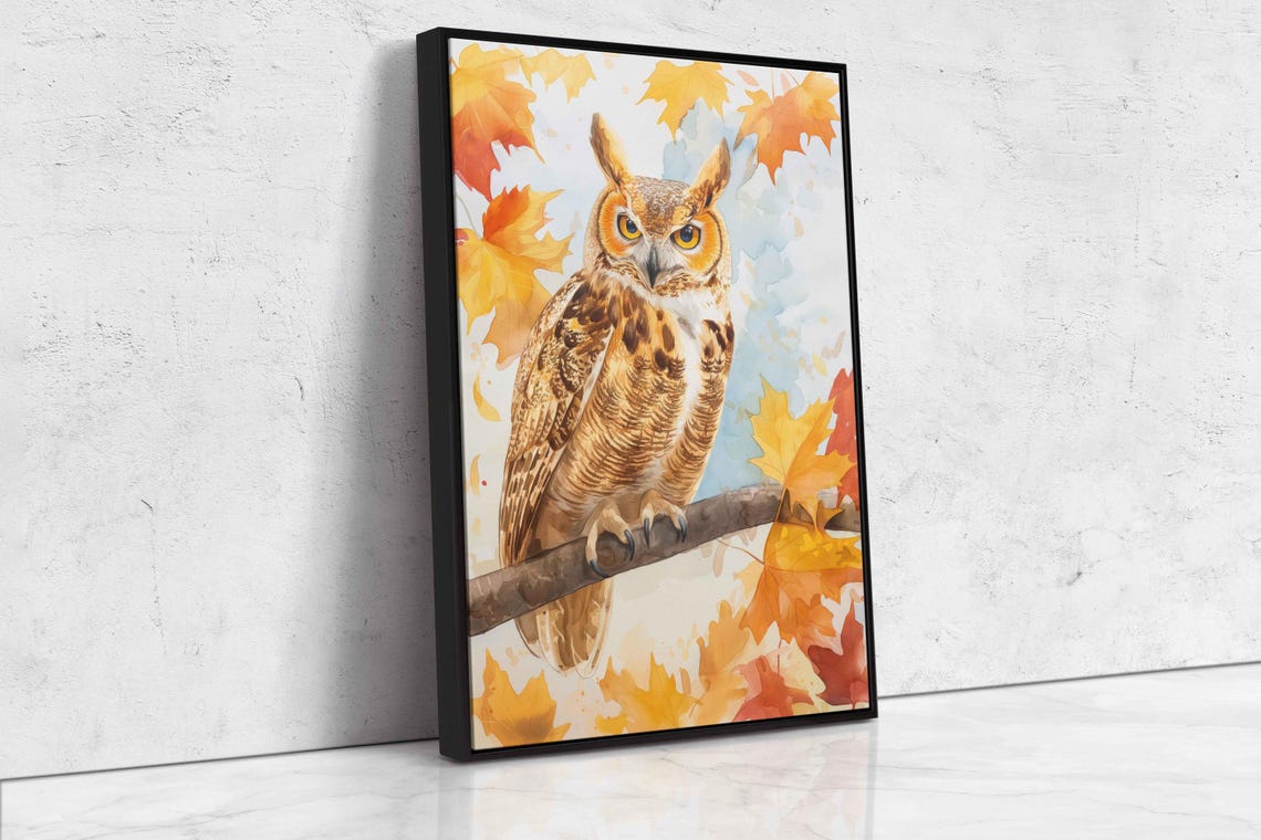 Great Horned Owl Perched Branch Autumn Leaves Watercolor Poster - Image 4