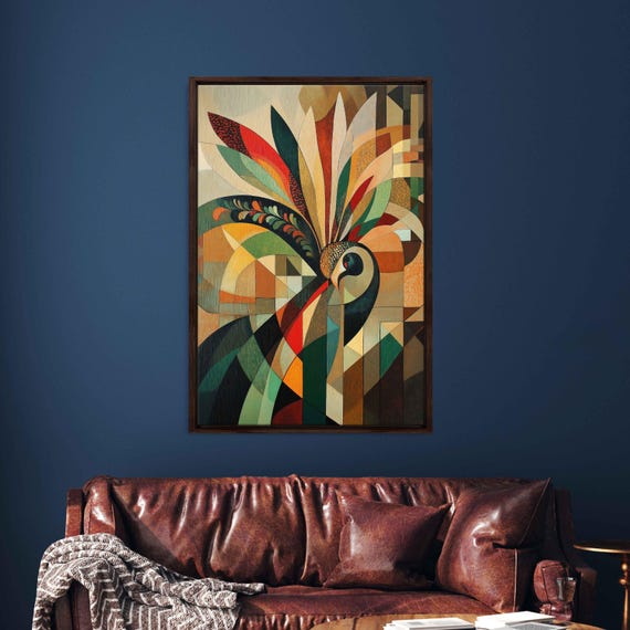 Elegant Art Deco Peacock Wall Art Print Colorful Intricate Feathers Geometric Background