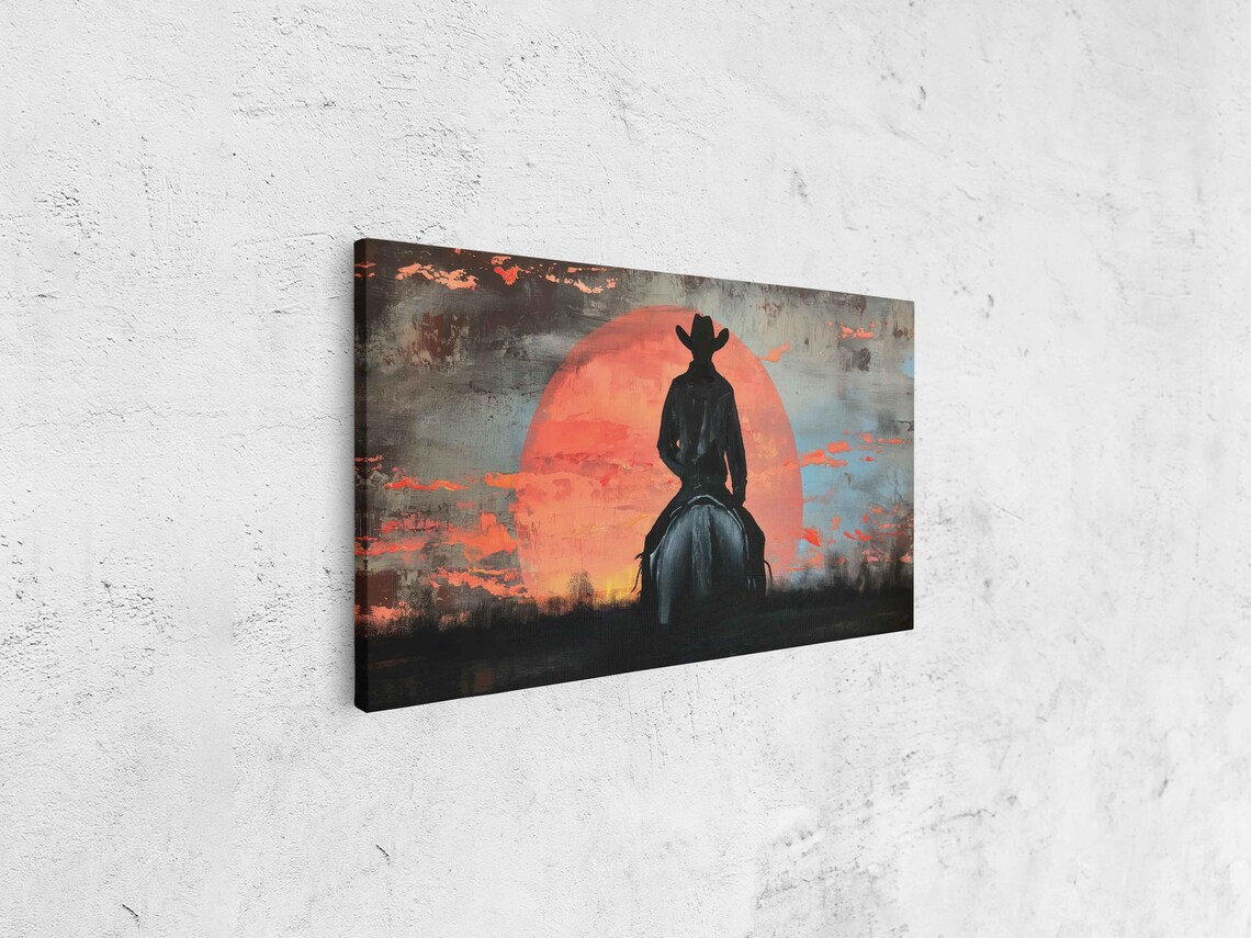 Cowboy On Horseback Against Giant Red Sun Western Sunset Poster - Image 4