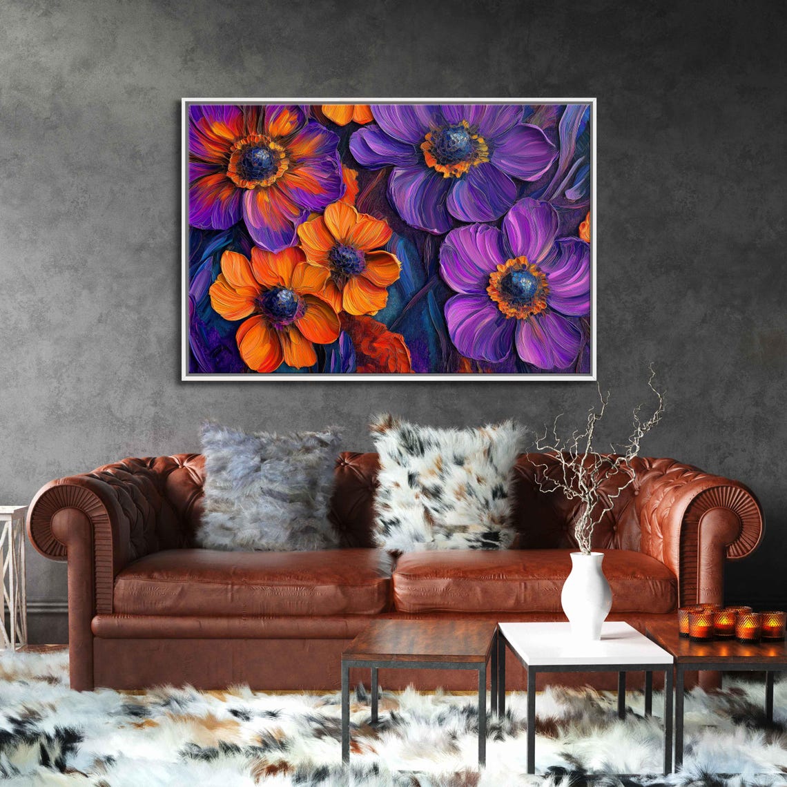 Neon Purple Orange Flower Painting Bold Floral Close Up Canvas Print - Image 3