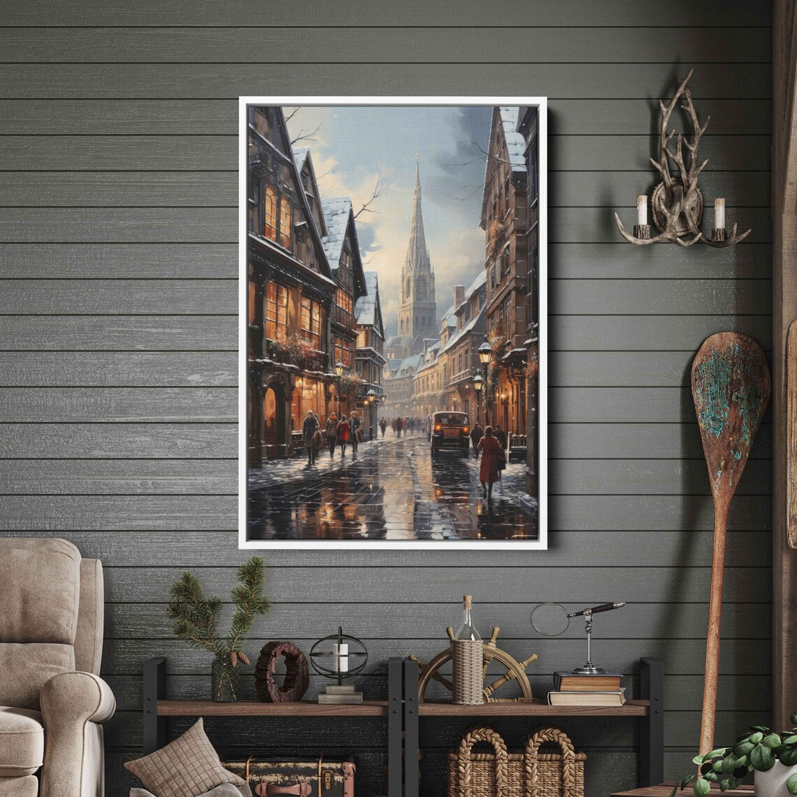 Snowy Bavarian Old Town Winter Street Church Spire Warm Lights Poster
