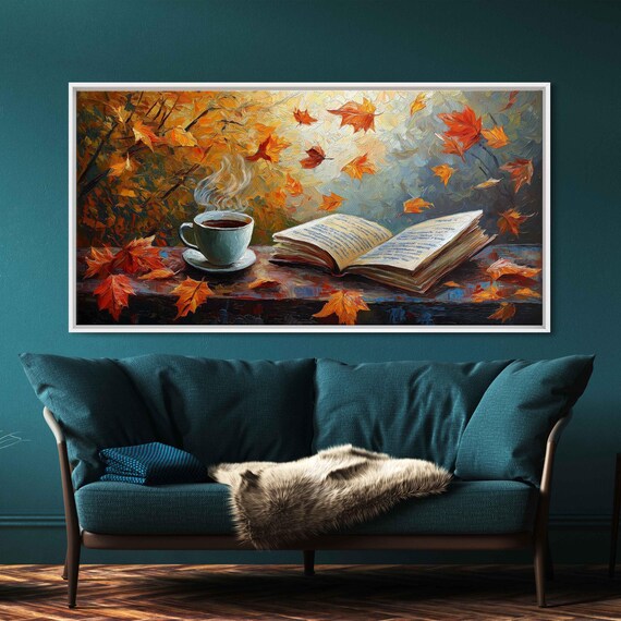 Steaming Coffee And Open Book Amid Falling Maple Leaves Painting