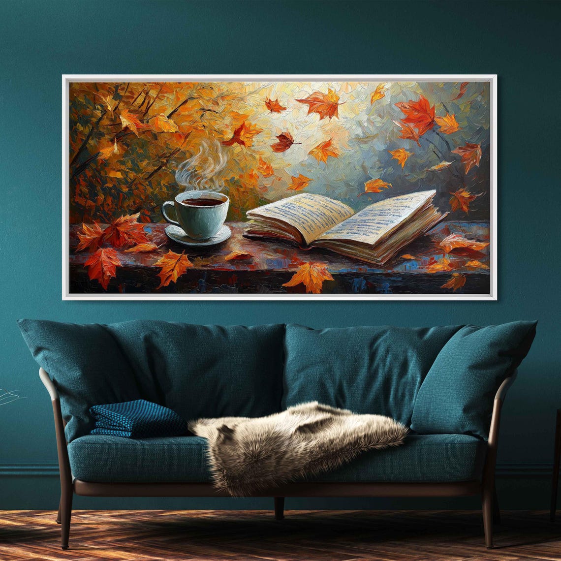 Steaming Coffee And Open Book Amid Falling Maple Leaves Painting