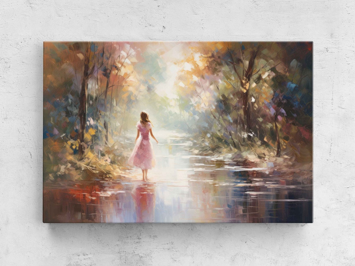 Girl in Pink Dress Walking Forest River Impressionist Art Poster