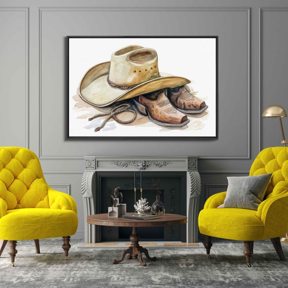 Vintage Cowboy Hat And Boots Laying On Ground Watercolor Wall Art Print Western Wall Art Rustic Painting Ready To Hang