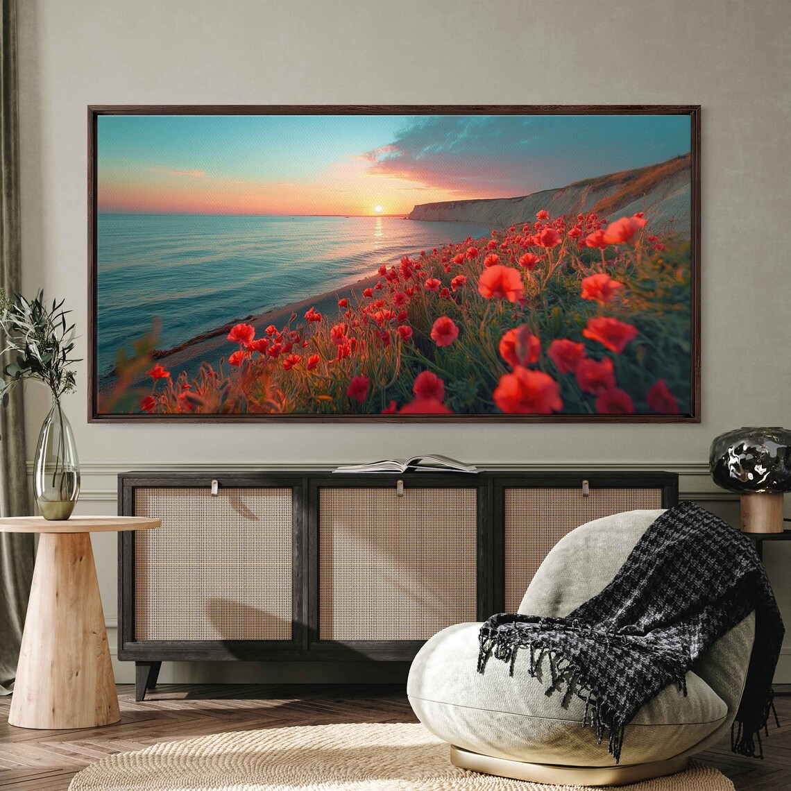 Red Poppy Field Sunset Ocean Cliff Golden Hour Coastal Landscape Poster - Image 2