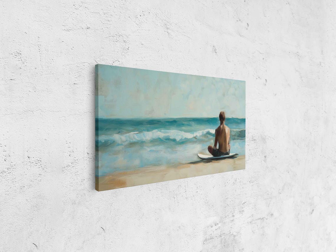 Surfer Sitting Beach Watching Waves Soft Blue Coastal Relaxing Poster - Image 4