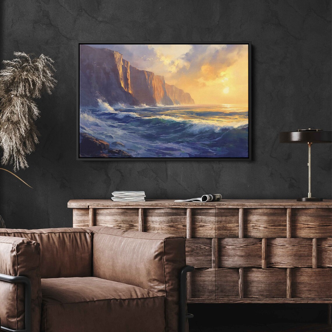 Ocean Waves Crashing Tall Cliffs Golden Sunset Seascape Painting Poster - Image 2