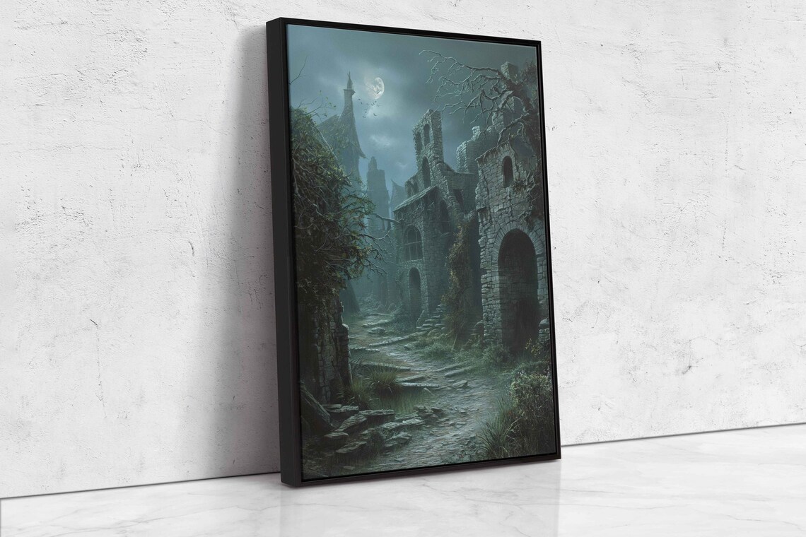 Eerie Ruined Village Twisted Trees Foggy Night Full Moon Wall Art - Image 4