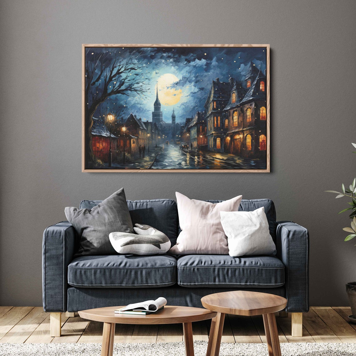 Moonlit Old Town Street Glowing Windows Night Lamp Impasto Art Poster - Image 3