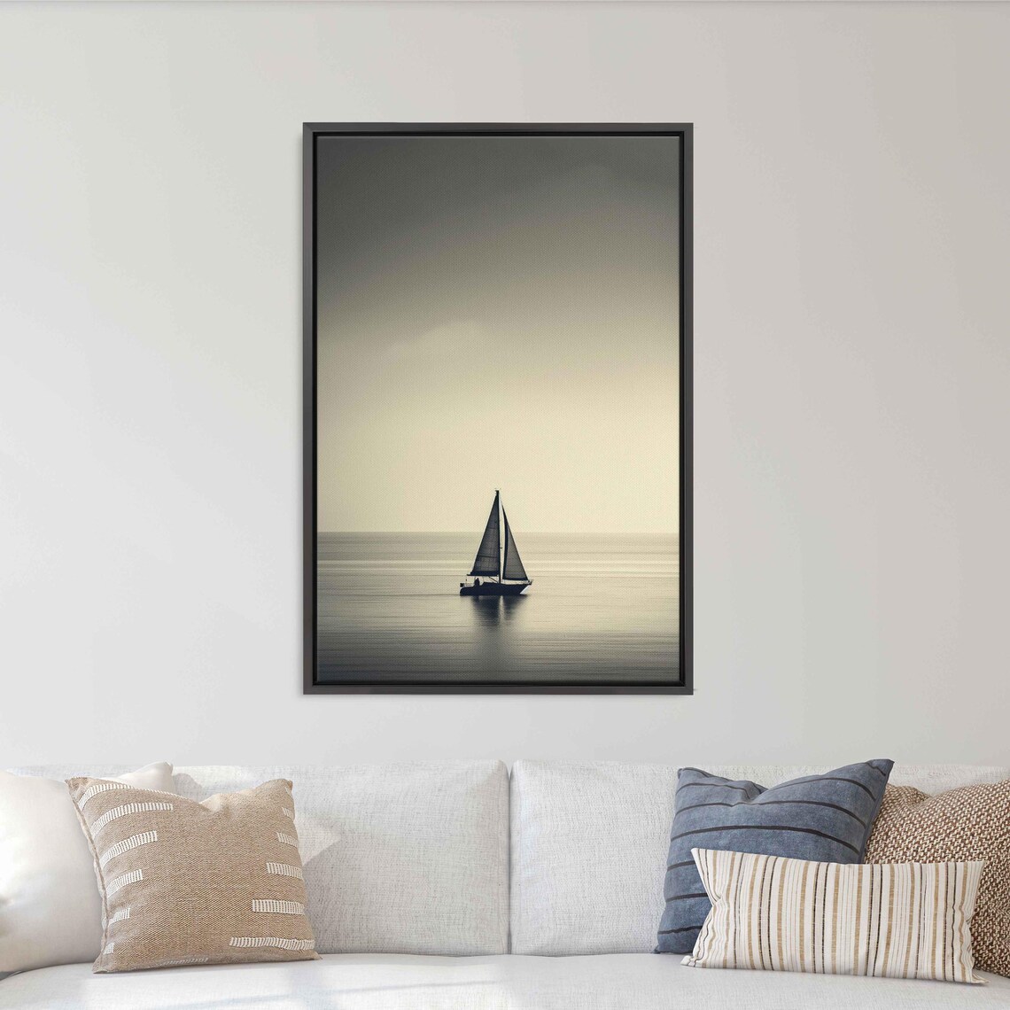 Minimalist Sailboat Silhouette On Calm Ocean Monochrome Nautical Art Poster - Image 3