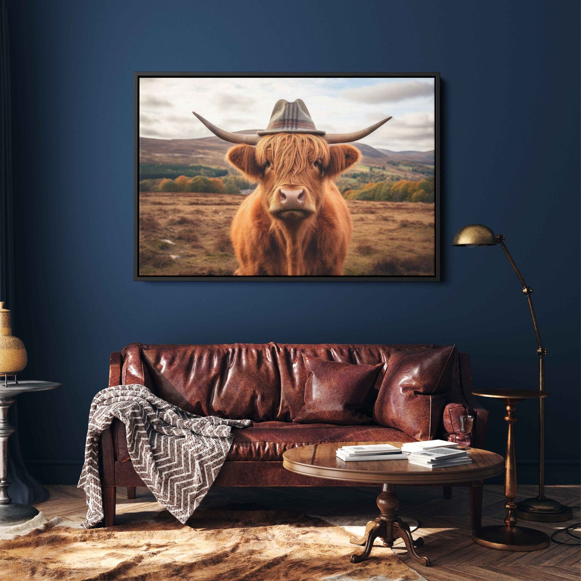 Highland Cow Wearing Hat Rustic Farm Animal Funny Cow Wall Art Print - Image 2