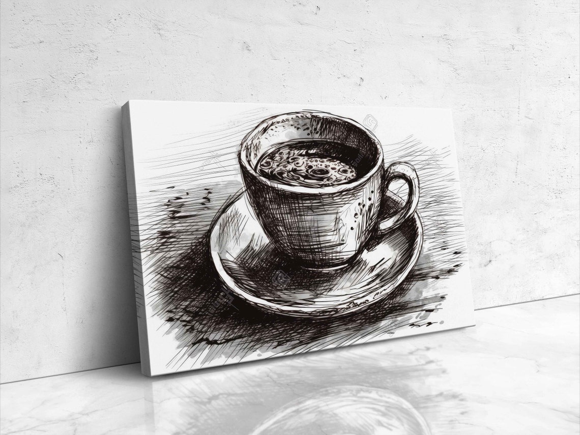 Coffee Cup On Saucer Pencil Sketch Drawing Kitchen Wall Art Poster - Image 4