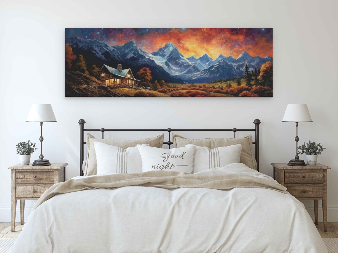 Cabin at Fiery Sunset Snowy Peaks Autumn Trees Mountain Wall Poster - Image 3