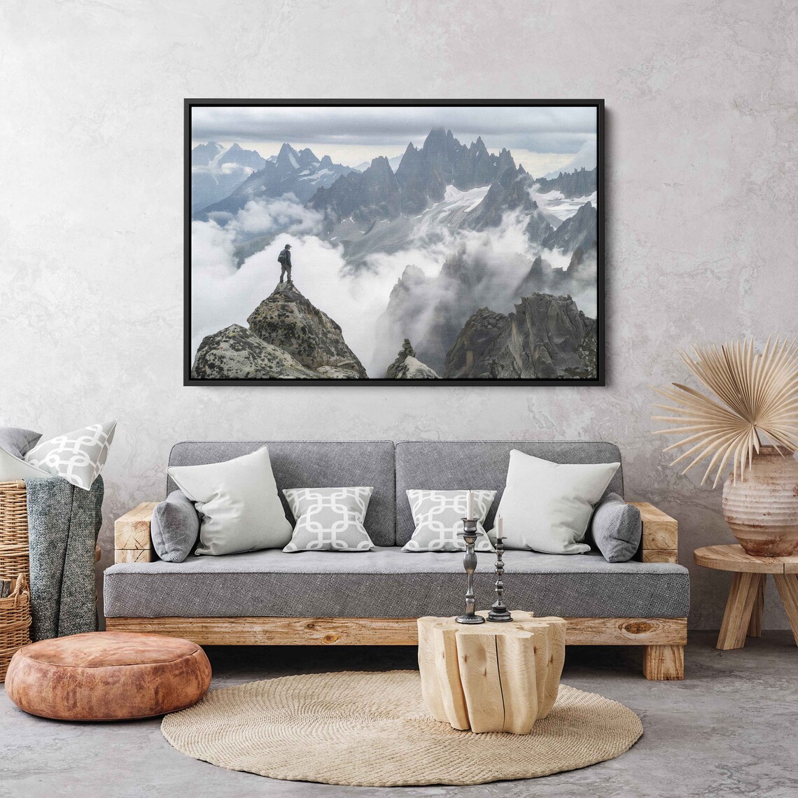 Lone Hiker Above Sea Of Clouds Jagged Peaks Summit View Poster