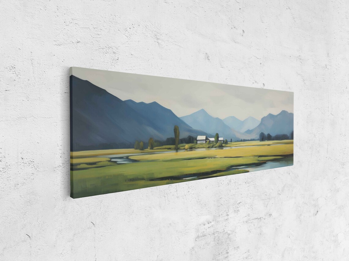 Panoramic Landscape Watercolor Field Wall Art Print Rural Farm Mountain Line Ready To Hang - Image 4