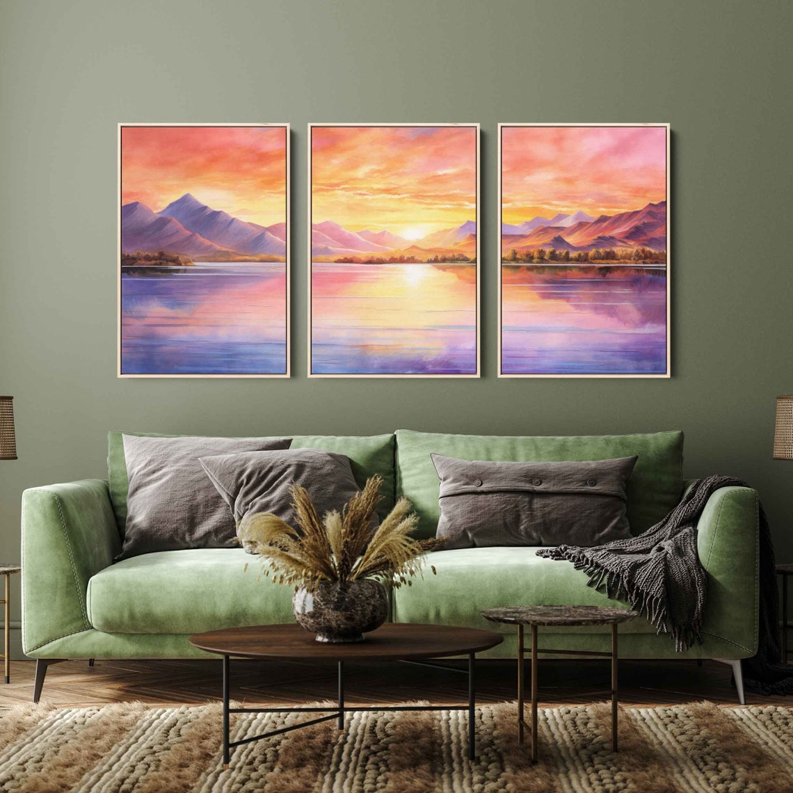 Mountain Lake Sunset Watercolor Triptych Colorful Panoramic View Print