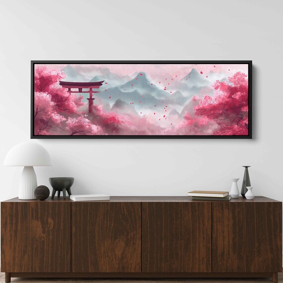 Japanese Cherry Blossoms Traditional Landscape Wall Art Print Foggy Mountains Asian Pagoda Ready To Hang