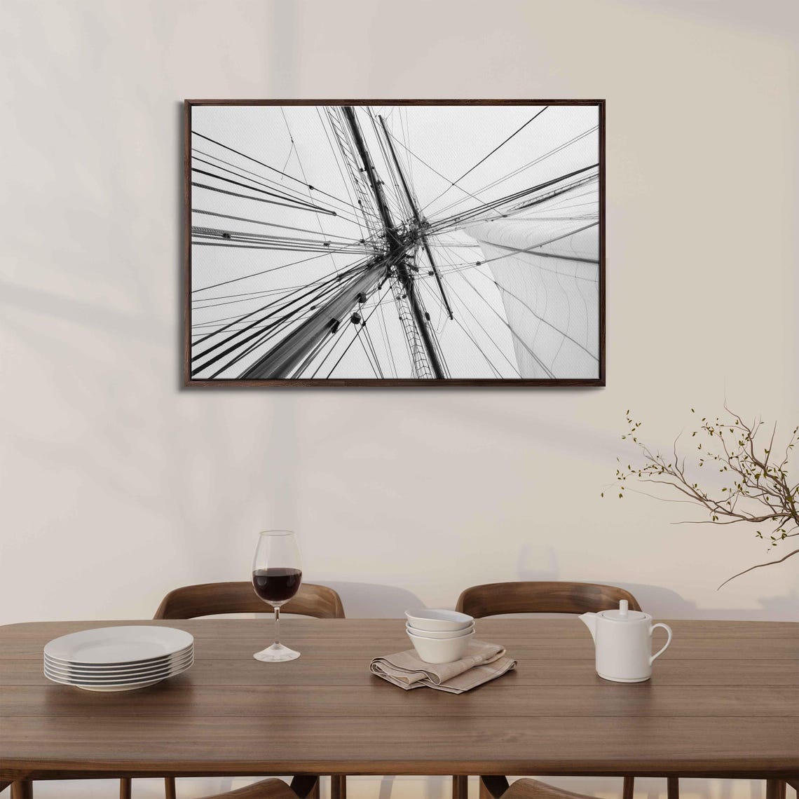Tall Ship Mast Rigging Lines Black White Minimalist Nautical Print