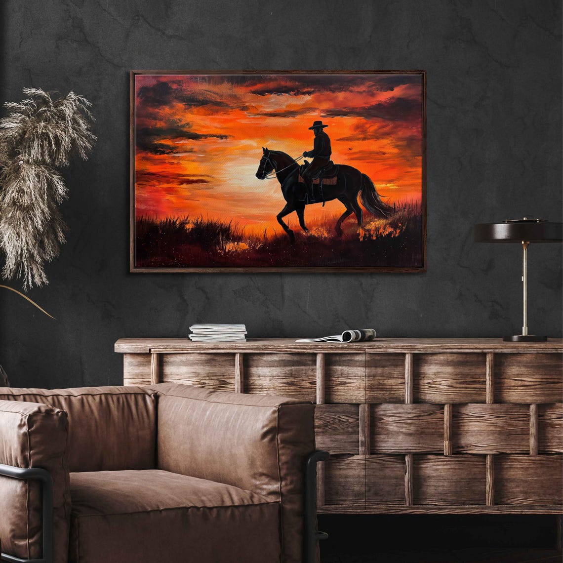 Cowboy Riding Galloping Horse Fiery Sunset Western Action Poster