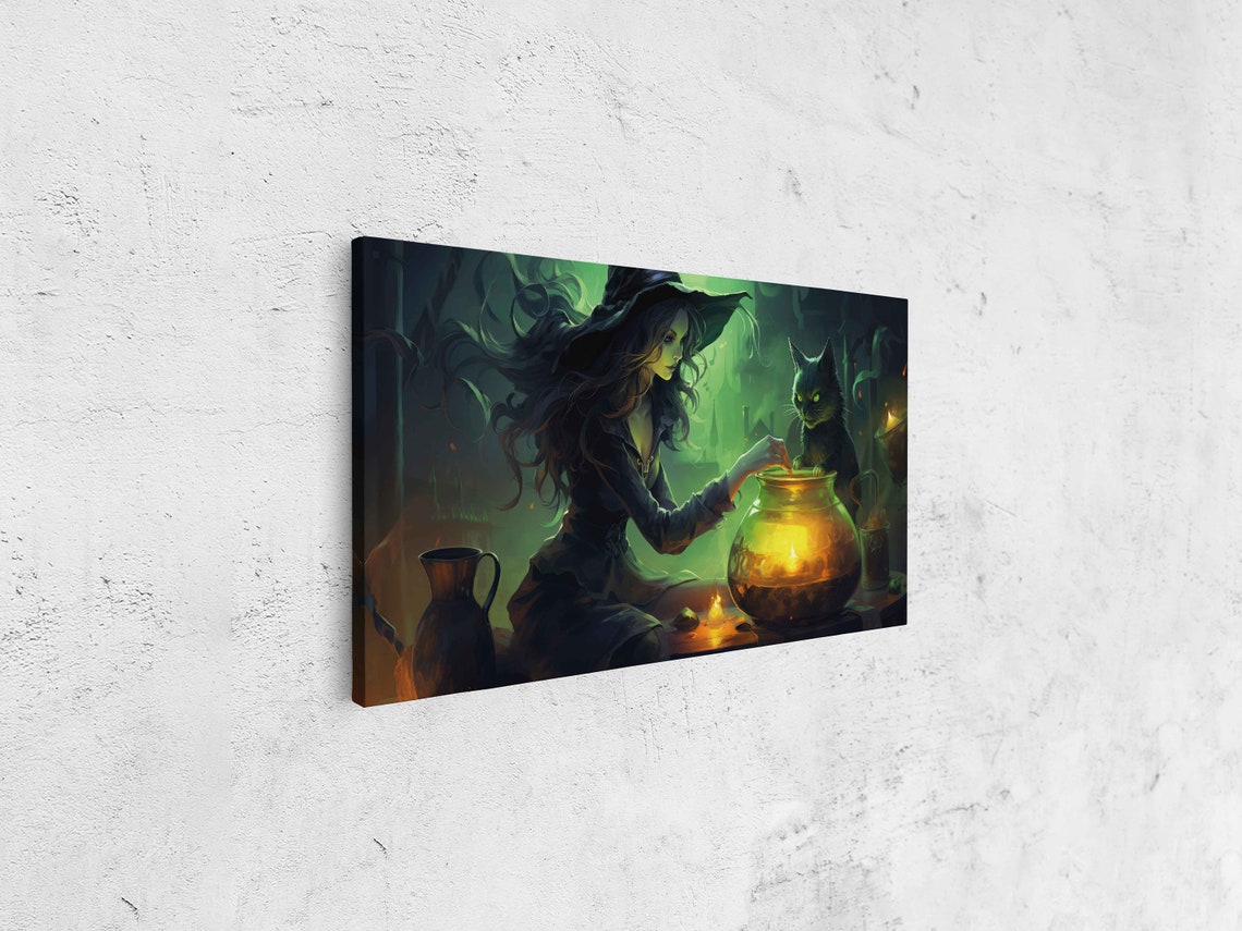 Witch Black Cat Brewing Glowing Potion Jar Green Magic Night Art Print - Image 4