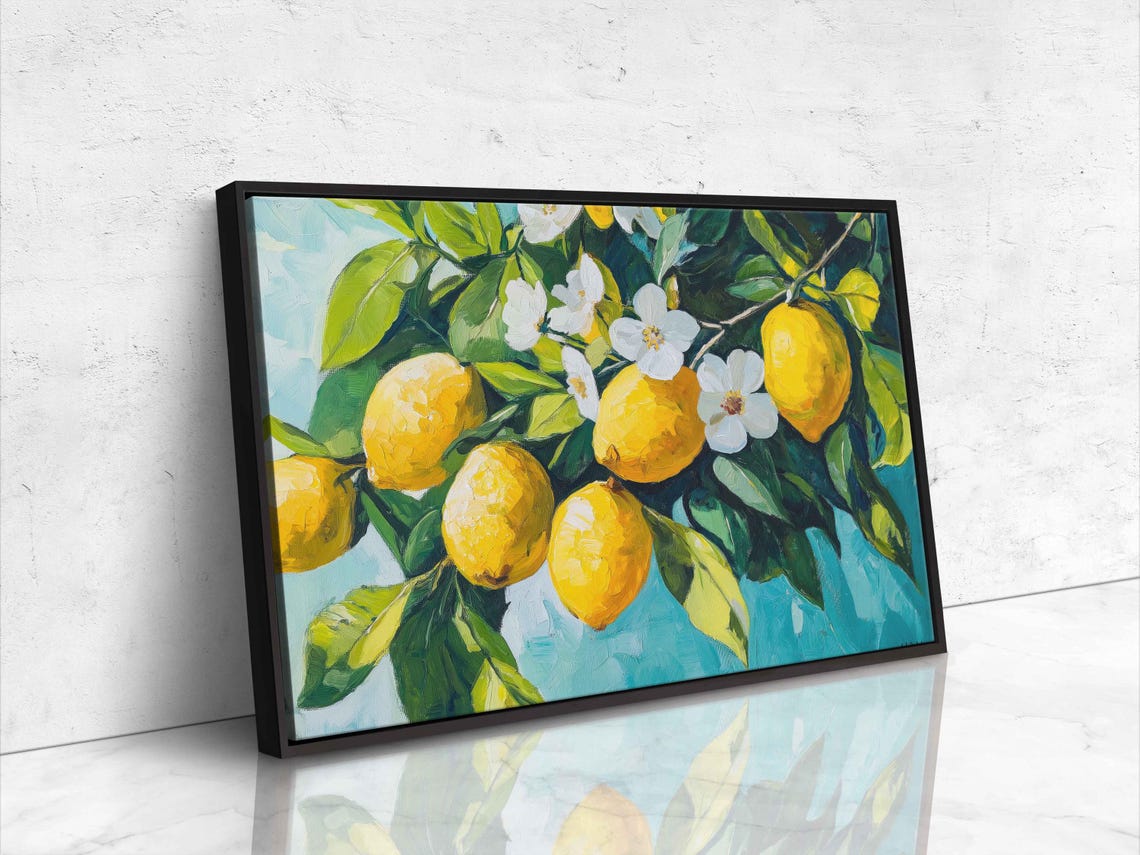Bright Yellow Lemons With White Blossoms On Turquoise Art Print - Image 4