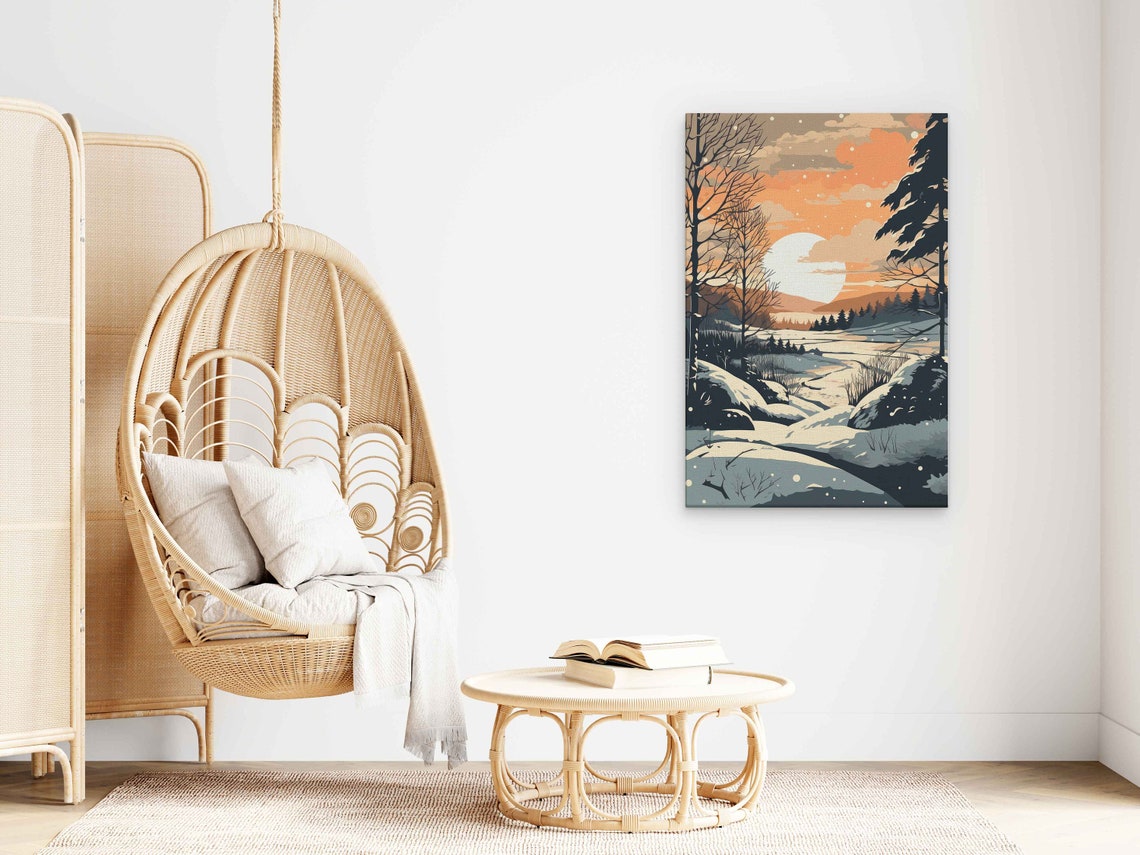 Winter Sunset Moonrise Snowy Forest Pop Art Landscape Poster - Image 3