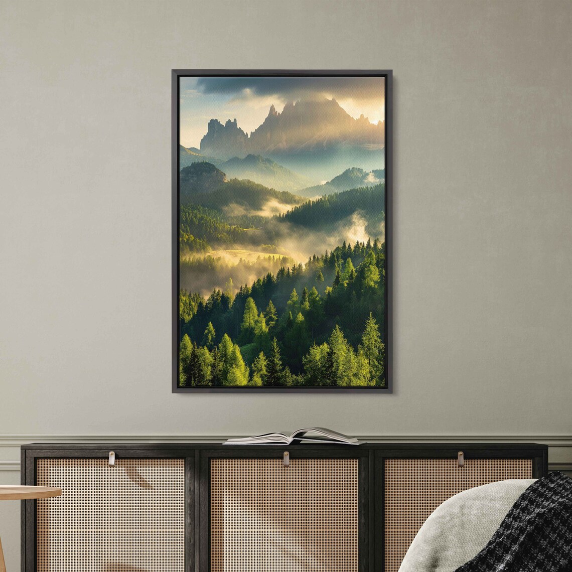 Sunlit Misty Forest Lush Greenery Mountain Ranges Cloudy Skies Wall Art Print Ready To Hang - Image 2