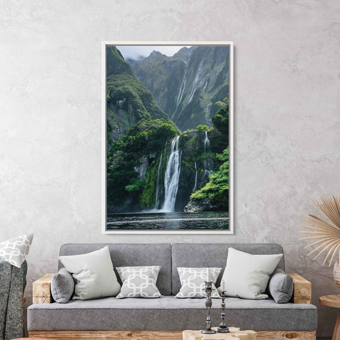 Serene Waterfall Lush Greenery Tranquil Lake Mountain Range Cloudy Skies Wall Art Print Ready To Hang - Image 3