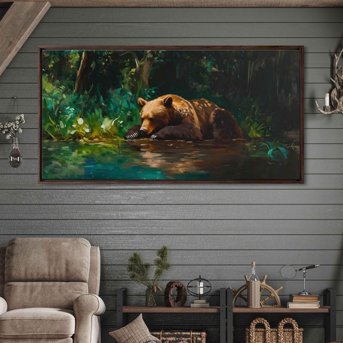 Grizzly Bear Resting Riverbank Lush Greenery Serene Wildlife Poster - Image 3
