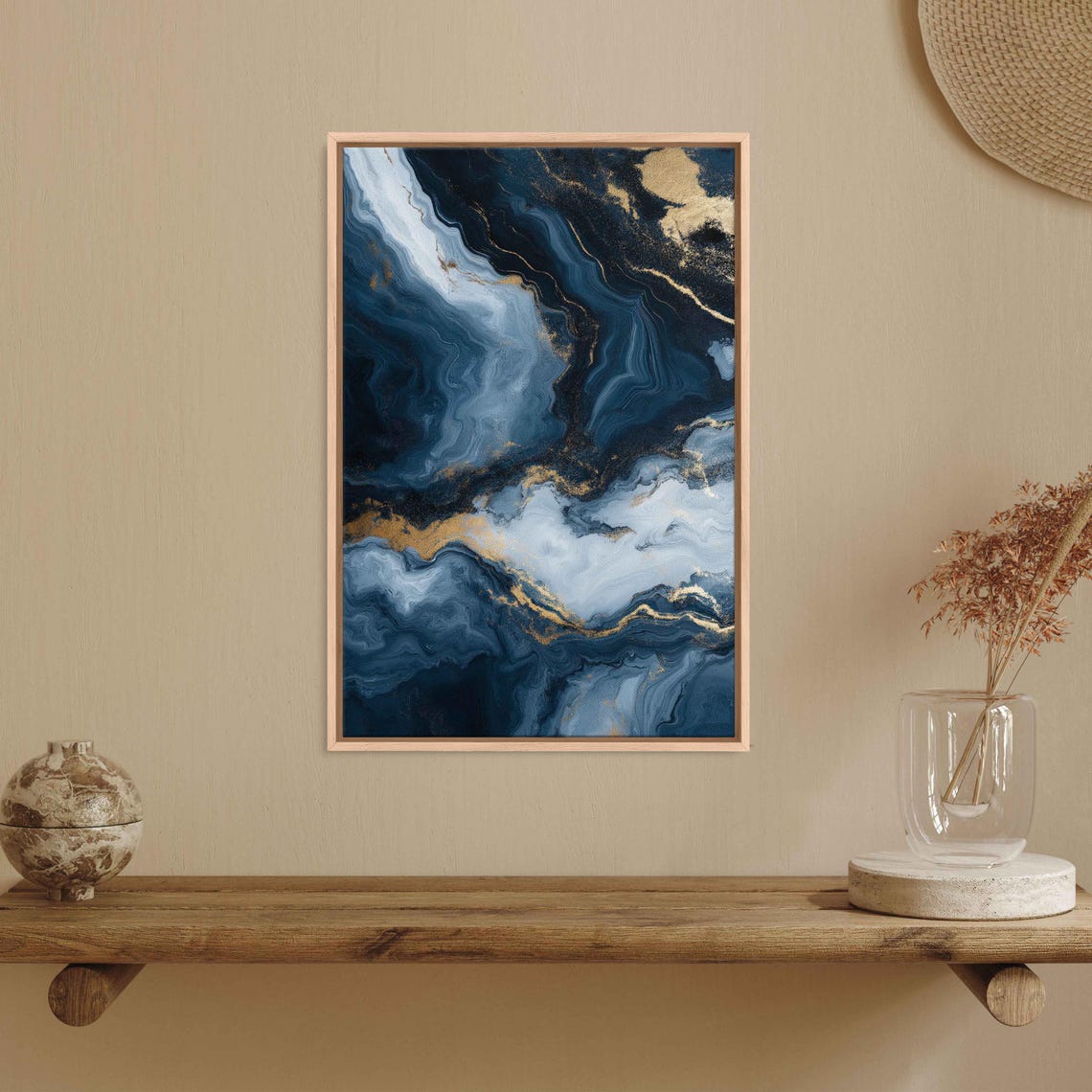 Deep Blue Marble Swirls Black White Gold Vertical Abstract Poster