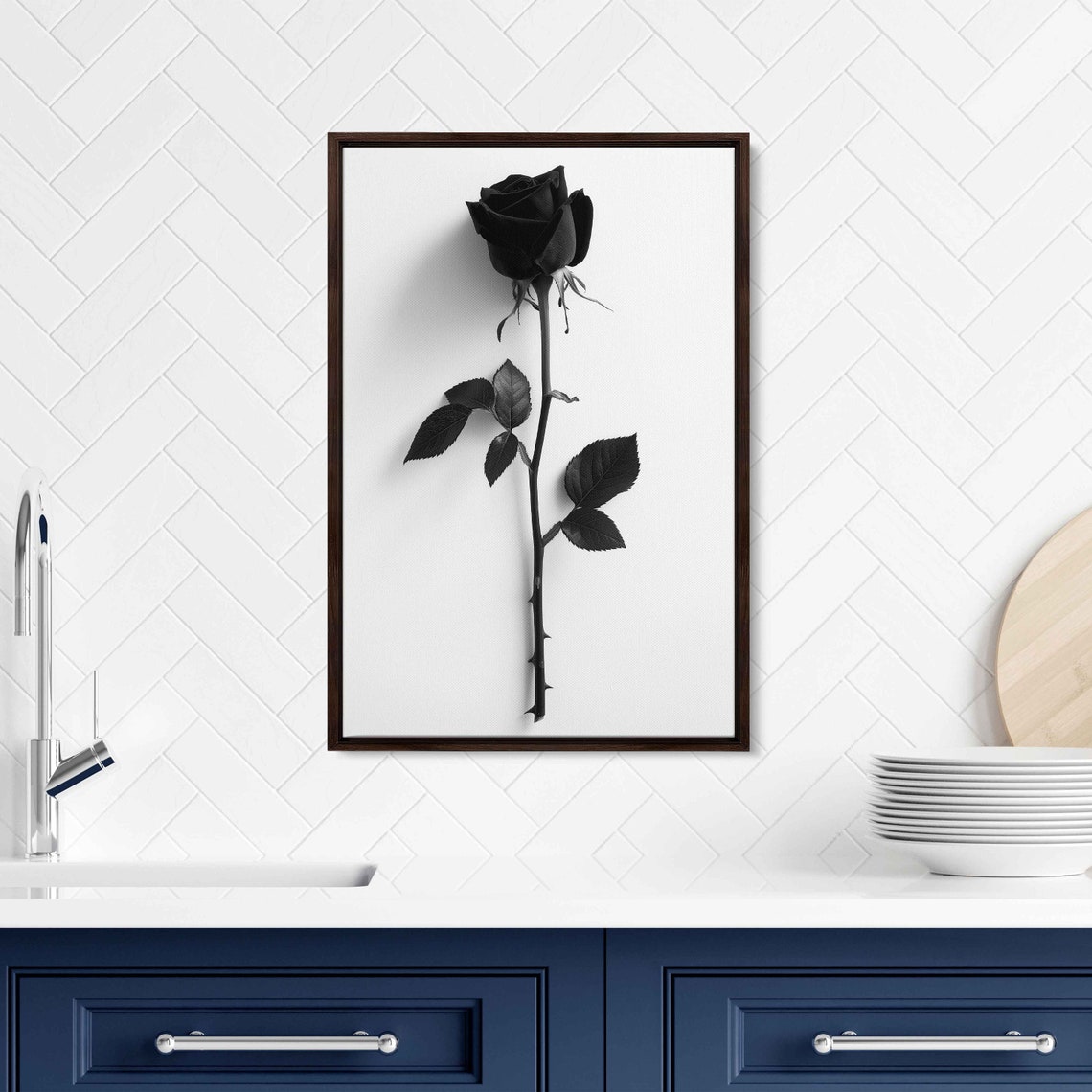 Single Black Rose Stem Monochrome Minimalist Flower Art Poster - Image 3