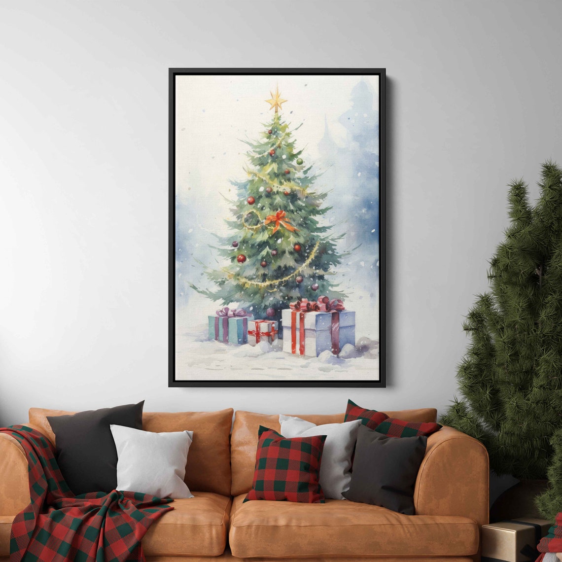 Charming Watercolor Christmas Tree Red Baubles Gifts Snow Poster