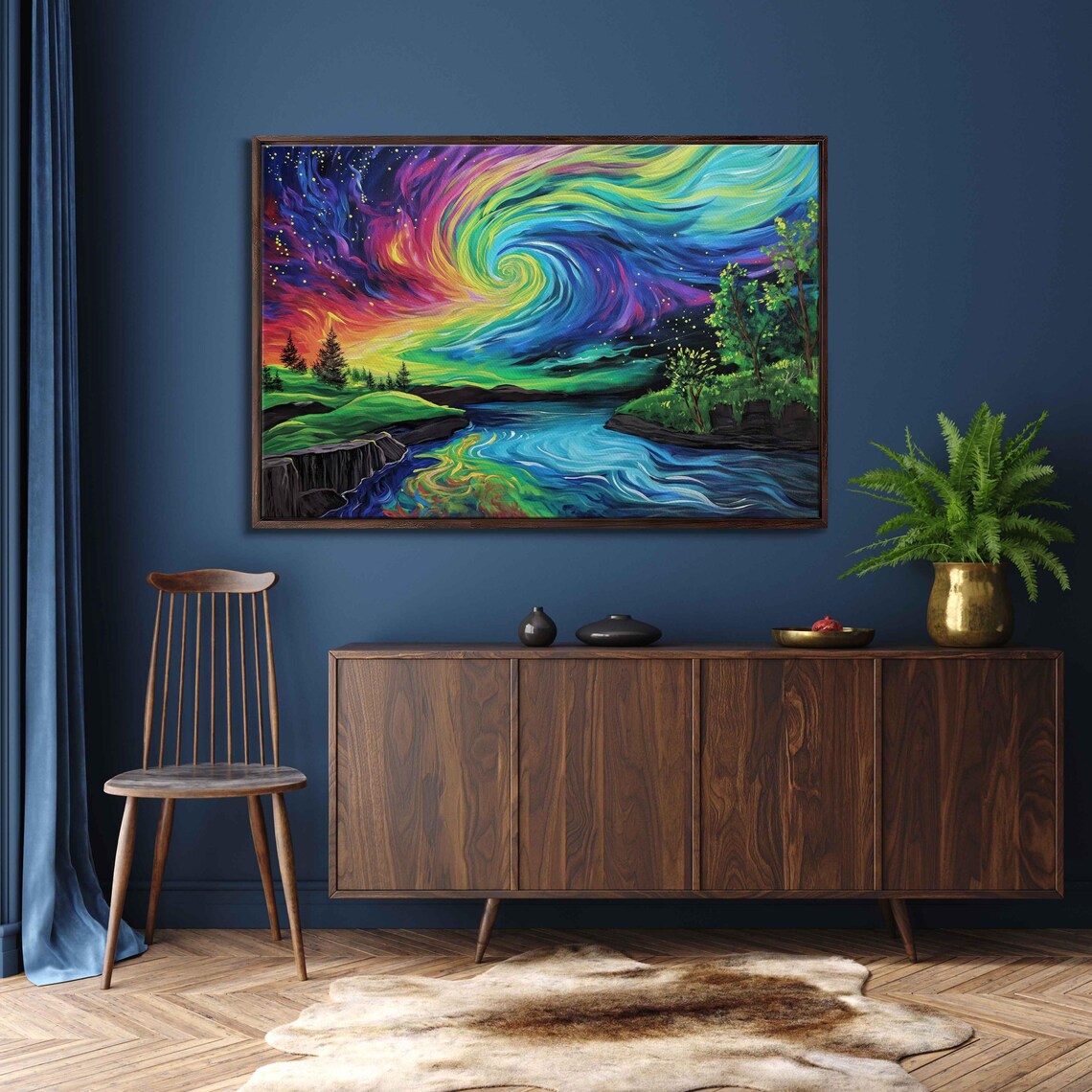 Colorful Rainbow Aurora Swirls Over Winding River Valley Night Sky Poster