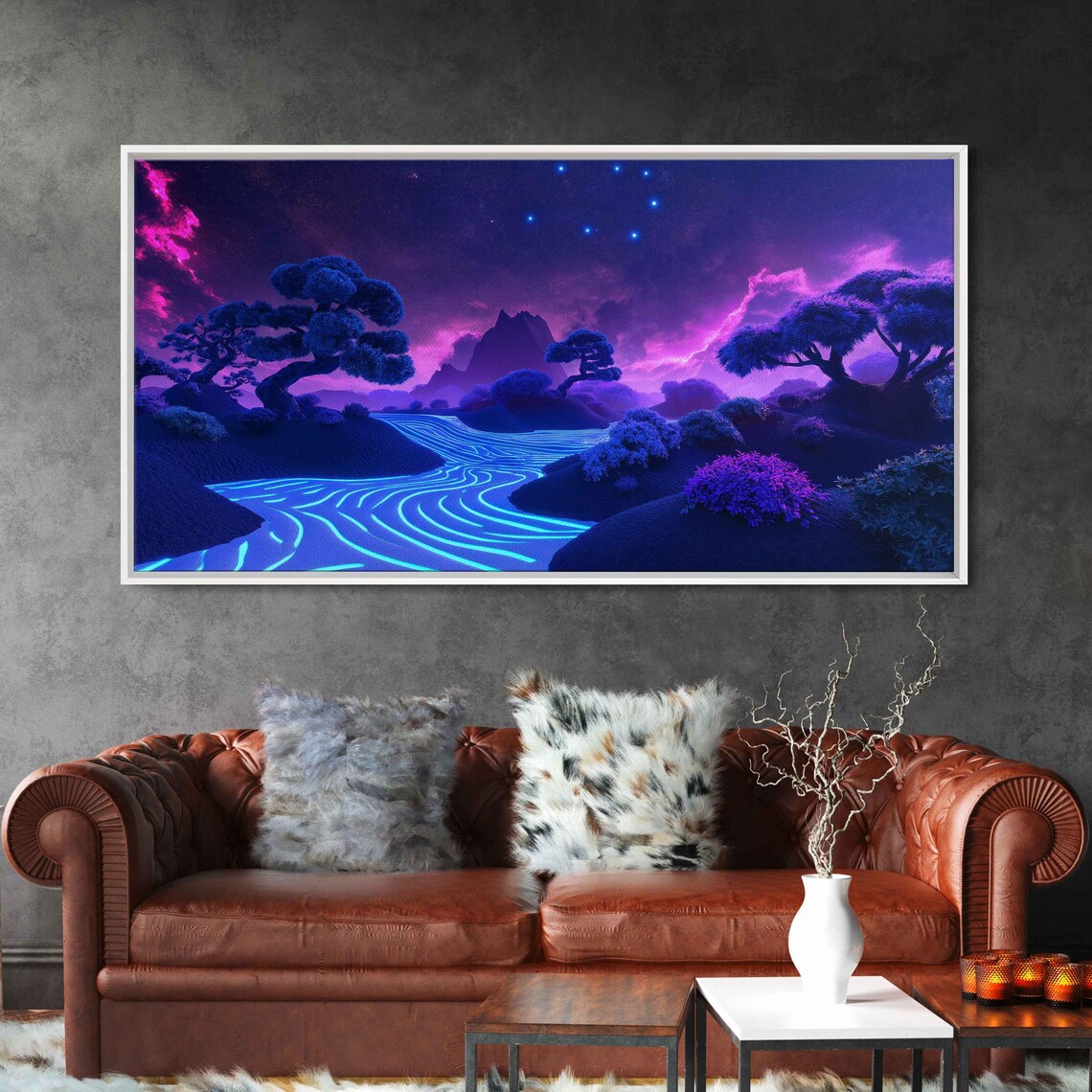 Neon Zen Garden Art Print, Glowing Bonsai Trees