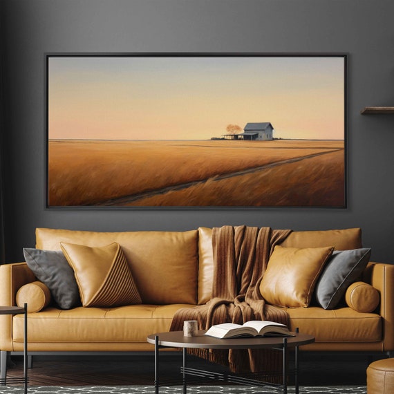 Minimalistic Rustic Farmland Wall Art Print Old Farmhouse Rural Landscape Fields Of Hay Ready To Hang