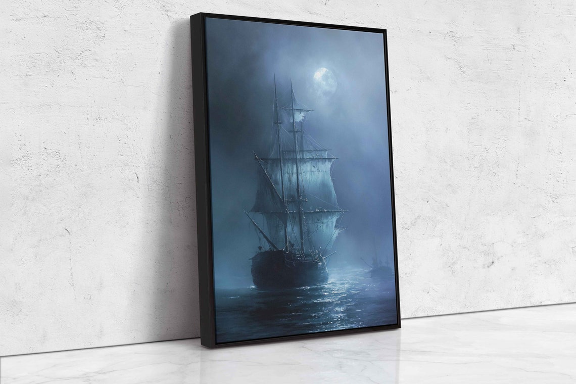 Ghost Ship Under Moonlight Blue Fog Dark Nautical Gothic Wall Art - Image 4