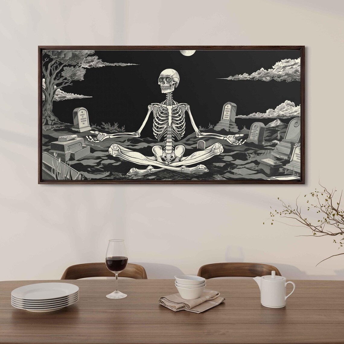 Skeleton Meditating in Moonlit Graveyard Whimsical Ink Art Halloween Poster - Image 3