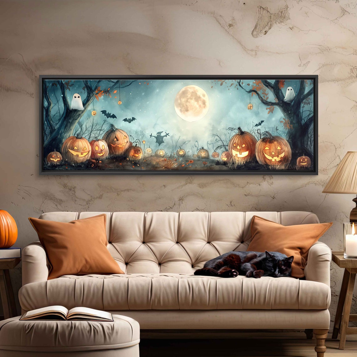 Moonlit Pumpkin Patch Glowing Jack O Lanterns Ghosts Halloween Print