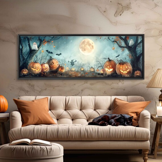 Moonlit Pumpkin Patch Glowing Jack O Lanterns Ghosts Halloween Print