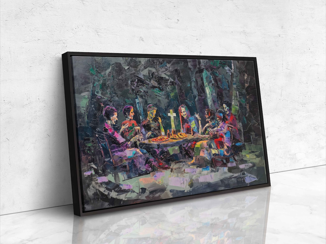 Cheerful Zombies Picnic In Spooky Graveyard Oil Painting Wall Art - Image 4
